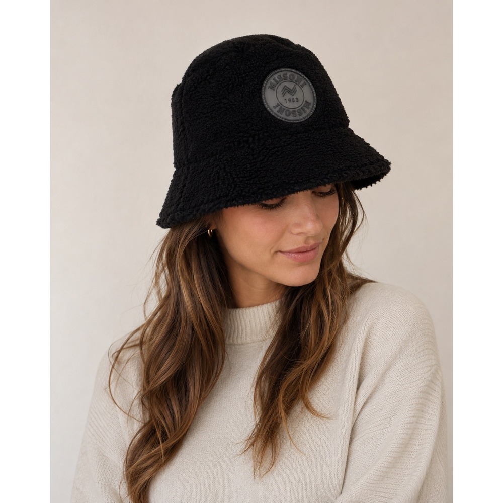 Missoni 1953 Black Teddy Fleece Bucket Hat Logo Patch Cozy Luxe NWT